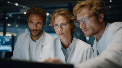 A pharmaceutical research team analyzing clinical trial data on large monitors, evaluating efficacy and side effects to support evidence-based drug development. cinematic color correction, natural