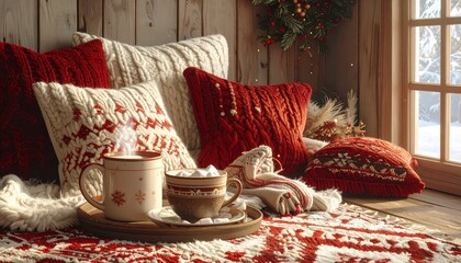 Cozy scene w/ knitted pillows, cocoa, window w/ snow. Festive holiday setting