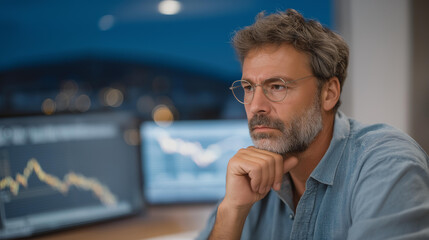 A trader watching market graphs drop unexpectedly, the moment capturing financial misjudgment and the importance of risk awareness. cinematic color correction, natural uneven lighting yet gentle
