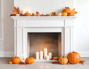 Cozy fireplace decorated with pumpkins, candles, and colorful autumn leaves