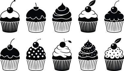 Cupcake silhouette icon set, sweet dessert and bakery illustrations, cute muffin and frosting designs, black and white pastry vector collection