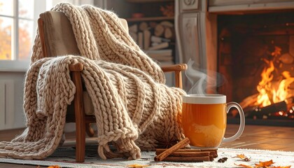 Cozy scene w/ chair, thick blanket, mug of steaming beverage near fireplace