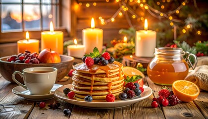 Cozy scene with pancakes topped with berries, surrounded by candles and fruit
