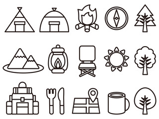 キャンプとアウトドアの線画アイコン素材セット