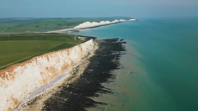 Aerial view over the famous white cliffs of The Seven Sisters Dover, south England.