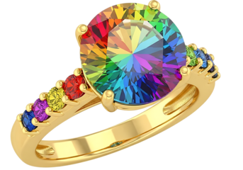 Gold ring with vibrant rainbow gemstone and colorful side stones