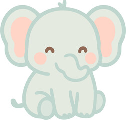 A cute pastel cartoon baby elephant with closed smiling eyes, rosy cheeks, and a curled trunk, illustrated in a soft flat kawaii style