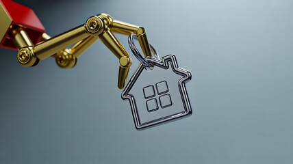 Real estate technology concept with robotic arm holding house icon
