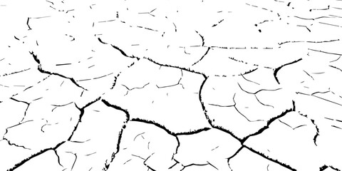 Abstract black and white cracked earth texture with deep fractures and dry soil patterns. Minimal high-contrast arid ground background, ideal for drought, climate change, textures, and design use.