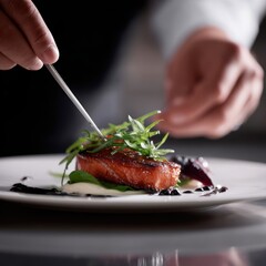 Close-up of a chef is hand plating a gourmet dish with precision tweezers, focus on fine dining presentation and professional kitchen.