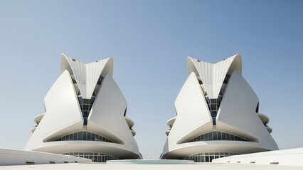 Dynamic architectural masterpiece presents a pair of abstract, futuristic buildings under a serene blue sky, a testament to bold structural artistry and forward-thinking design
