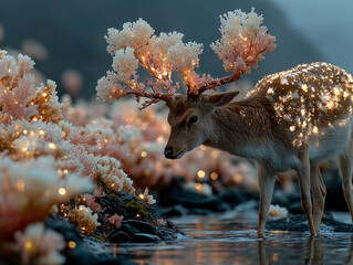 a deer with glowing, intricately designed antlers and a shimmering coat, standing in a serene, aquatic environment surrounded by glowing, fairy-like vegetation. The scene is enigmatic and whimsical