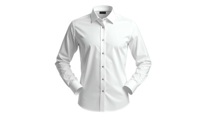 A crisp, white button-down shirt, long-sleeved, neatly arranged against a black background