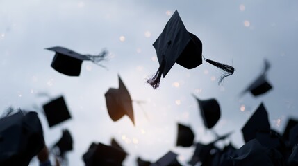 Students in graduation caps and gowns tossing their hats high into the air, celebrating academic achievement and new beginnings.