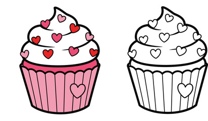Cute Valentine's Day cupcake vector illustration with heart sprinkles. Coloring book page design showing colored version and black and white outline for kids activity.