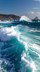 Turquoise waves crash near a rugged coastline under a clear blue sky