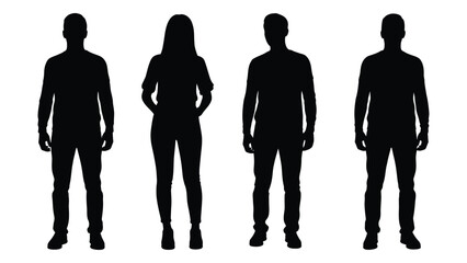 Four individuals standing in a row showcasing distinct human forms as a silhouette