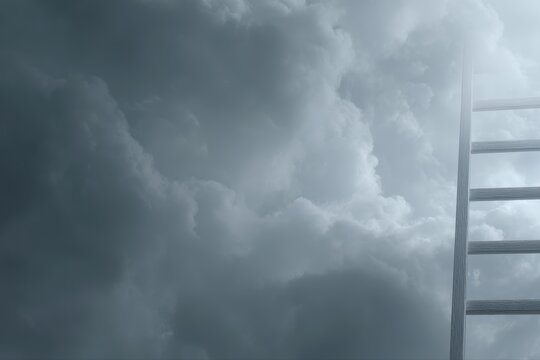A conceptual image of a ladder extending directly upward into dense clouds, symbolizing ambitious goals that require reaching beyond current capability and striving for the unattainable.