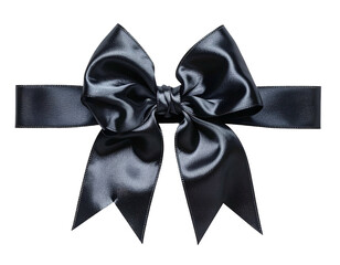 A dark, satin bow, centrally knotted, with long tails and a flat, horizontal band