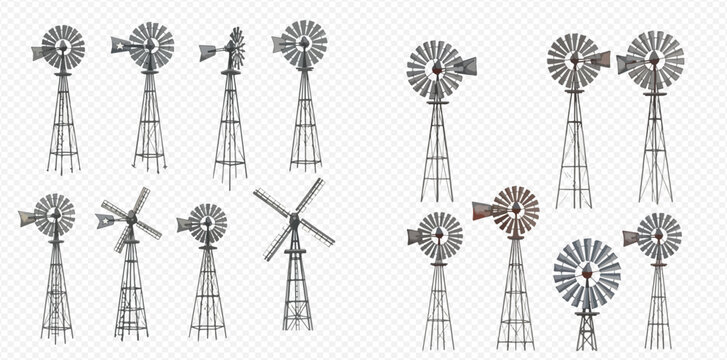 Set of vintage farm windmills for water pumping or power generation, isolated on transparent background.
