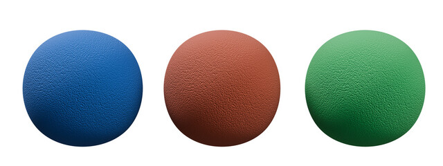 Three Textured Geometric Spheres in Blue, Brown, and Green Isolated on Transparent Background, Design Element Cutout. Simple Matte Balls Representing Options or Material Samples.