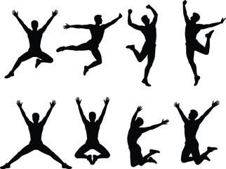 Man jumping silhouette set celebrating success energy and freedom poses, male athletic body movement collection isolated on white background