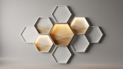 3D gold soccer ball illustration on a yellow background with a geometric honeycomb hexagon pattern for futuristic sport technology concept design