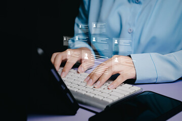 Data management concept, hands typing on keyboard with floating user profile cards, digital identity records, information organization, database security, human resource analytics.