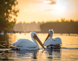 Two white birds glide serenely on calm waters during a golden sunset