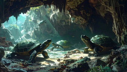 Turtles gather in a sunlit cave. Beautiful natural light