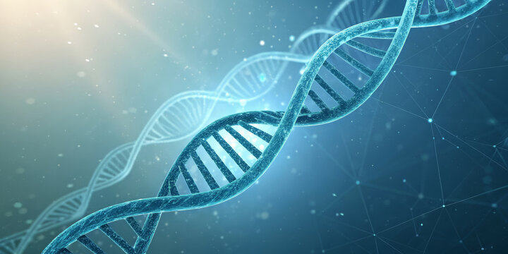 Dna double helix structure with glowing blue light on dark background - Powered by Adobe