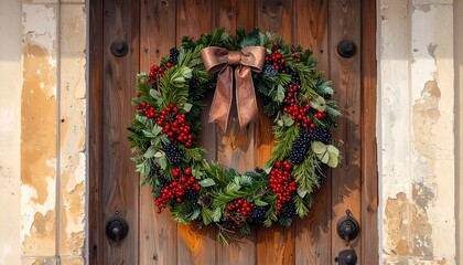 A vibrant Christmas wreath adorned with berries & a bow, hangs on a weathered wooden door