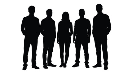 a group of six people standing together presented in a dramatic black silhouette