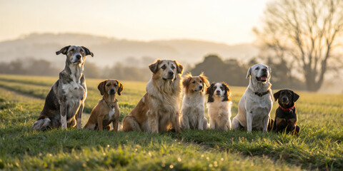 Seven dogs of different breeds sitting together in a grassy field outdoors