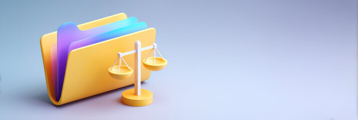 Data folder and justice scale concept in pastel minimal workspace evoking balance and insight