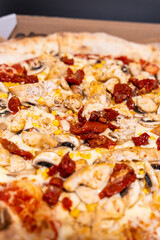 An appetizing pizza topped with grilled chicken, sun-dried tomatoes, corn, and mushrooms. Perfect for food lovers, suitable for marketing campaigns, restaurants, and menus.