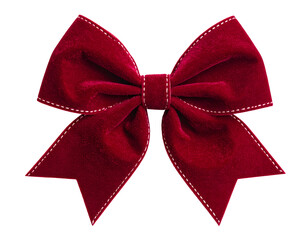 A plush, crimson velvet bow with white stitched edges, on a transparent background