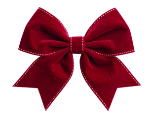 A plush, crimson velvet bow with white stitched edges, on a transparent background