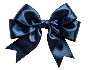 Isolated studio shot of a lustrous, dark blue satin bow against a black background