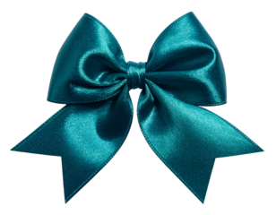 Teal-colored satin bow, centered on a black background, with detailed folds and texture