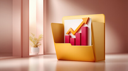 Data growth chart in yellow folder showing rising bar graph and arrow in warm room