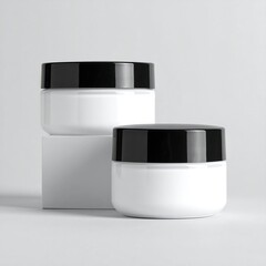 Two white cosmetic jars with black lids, one on a white cube