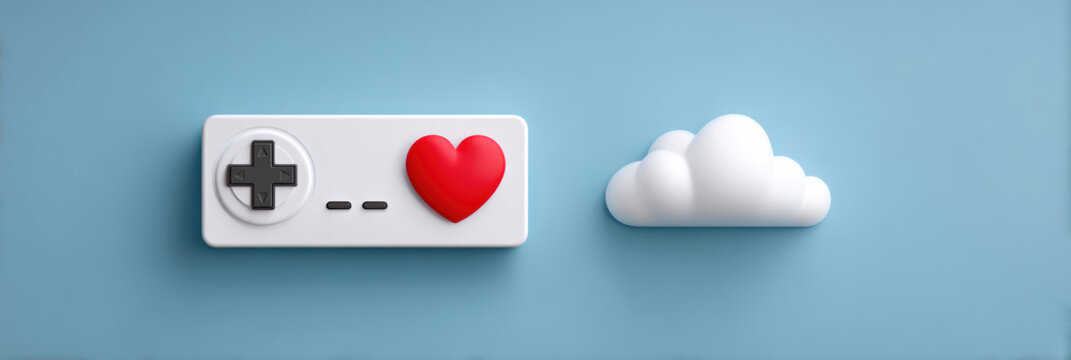 Data playful game controller with heart and cloud on blue background conveying joy and connection - Powered by Adobe