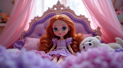 Fototapeta premium A princess doll with long red hair sits on a beautiful bed with a teddy bear