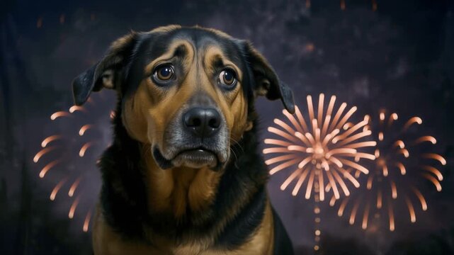Anxious pet dog reacts to loud fireworks explosions in the night sky. Animal phobia and stress during holiday celebrations. Lockdown close-up shot.