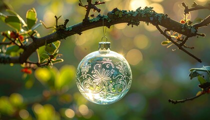 A clear, patterned Christmas ornament hangs from a tree branch, sunlit with bokeh