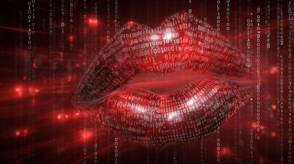 Red lips formed of binary code represent the intersection of technology and sensuality. This abstract visual showcases AI's role in shaping modern expressions in a digital world