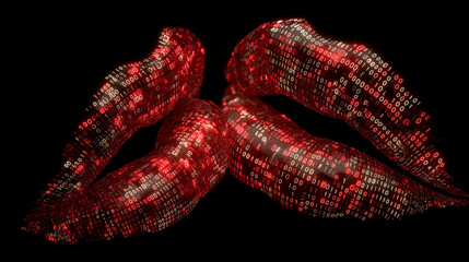 The visual captures a pair of lips adorned with vibrant binary digits, blending sensuality and digital innovation