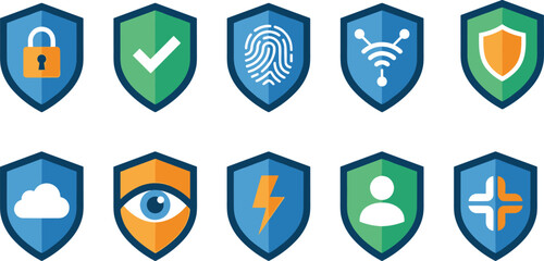 Cyber security shield icons set illustration, data protection, privacy safety, network security, digital protection badges, flat vector