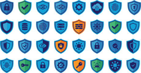 Blue shield security icons set, cybersecurity protection symbols, digital safety, data privacy, network defense, modern flat design collection
